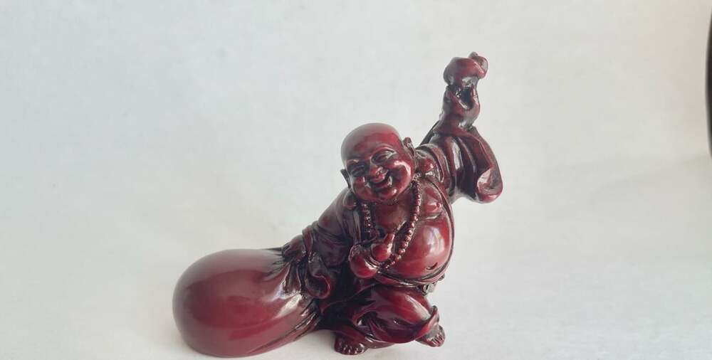 Red Resin Laughing Buddha Statue Figurine Traveling Bag Feng Shui Decor